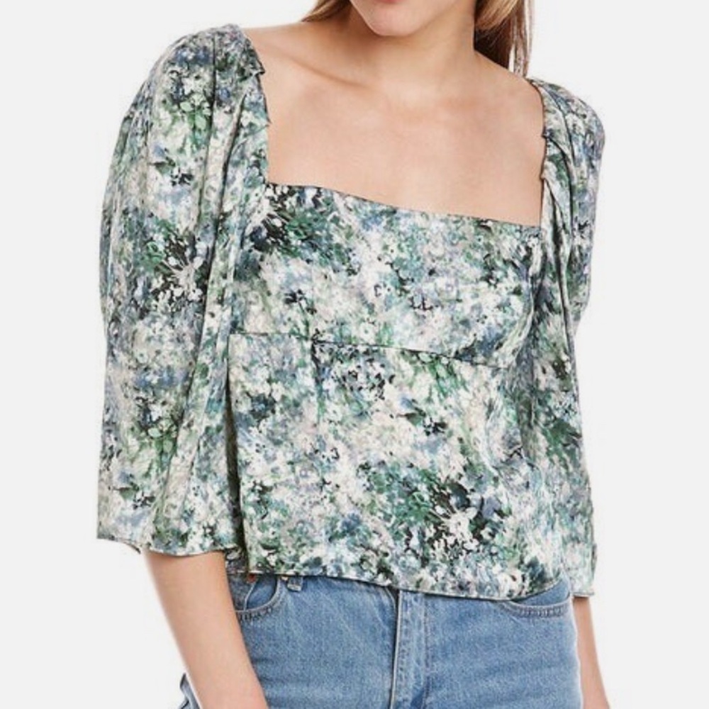 Vince 3/4 Sleeve Square Neck Top Watercolor Floral Size 6 Satin Green Women